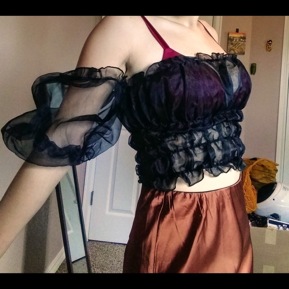 Black Sheer Ruched Ruffle Puff Crop Top
